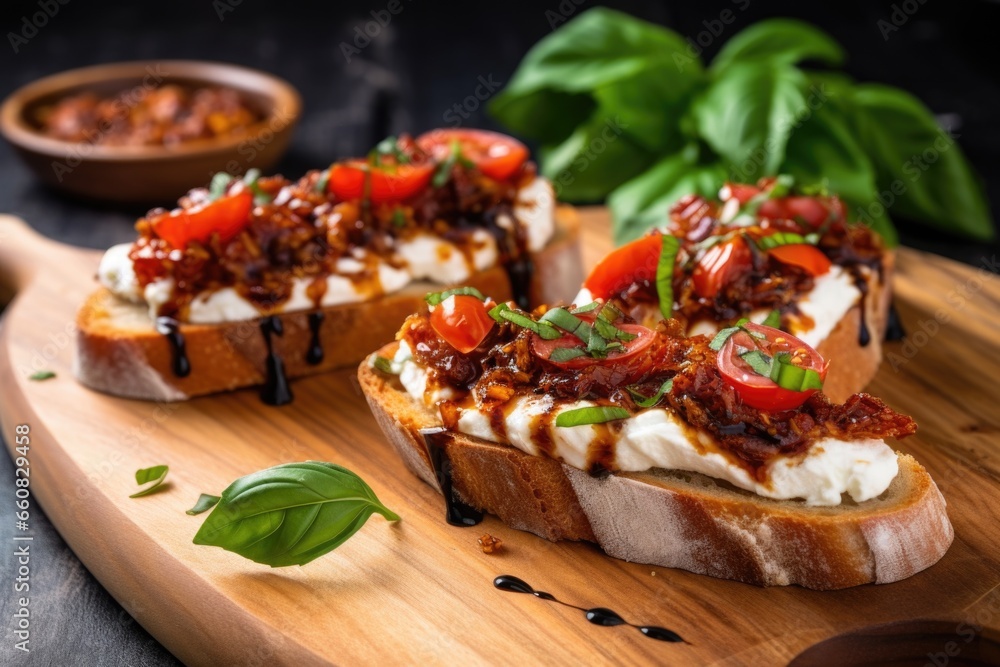bruschetta with sun-dried tomatoes and melted mozzarella on a bamboo board