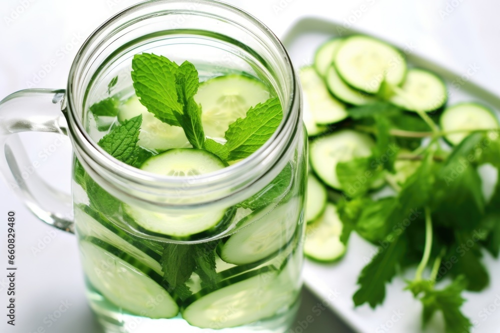 close-up of cucumber slices and mint in a clear water-filled jug close-up of cucumber slices and mint in a clear water-filled jug
