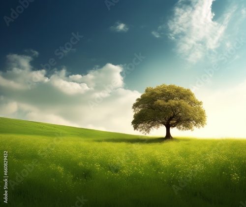Solitary Tree in Lush Field with Bright Sky and Golden Blooms, Nature Background