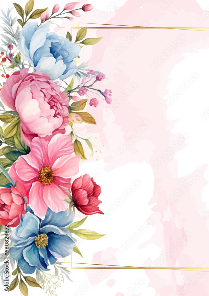Fototapeta premium Pink and blue modern wreath background invitation frame with flora and flower