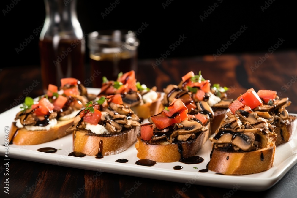 bruschetta with sliced mushrooms and truffle oil drizzles bruschetta with sliced mushrooms and truffle oil drizzles