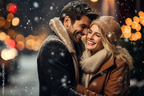 Romantic Couple in Love Having Fun Outdoors in Snowy Winter Evening Before Christmas