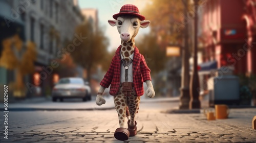 A giraffe walking down a street with a hat on