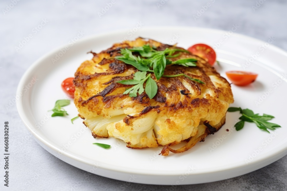 one cauliflower steak on a white ceramic plate