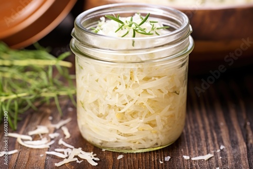 crisp macro shot of sauerkraut strands in a jar, lid off