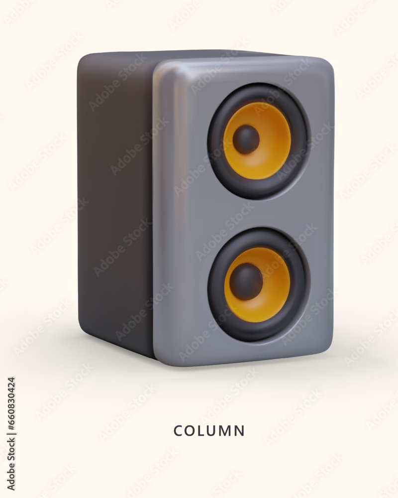 Obraz premium Realistic 3d music column. Music player and sound amplification device. Sound amplifier in rectangular shape. Vector illustration in gray and black colors