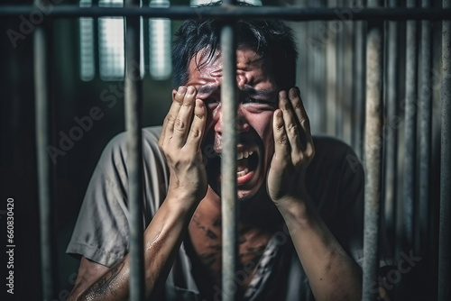 Photo of a man holding a bar in a jail cell
