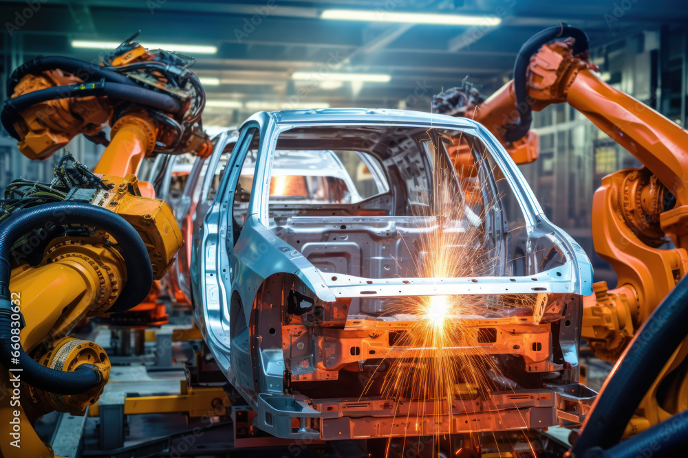 Assembly line for the production of modern cars. Robots weld a car body on a conveyor belt. Automated assembly. Modern technologies. Assembly line for the production of modern cars. Robots weld a car body on a conveyor belt. Automated assembly. Modern technologies.