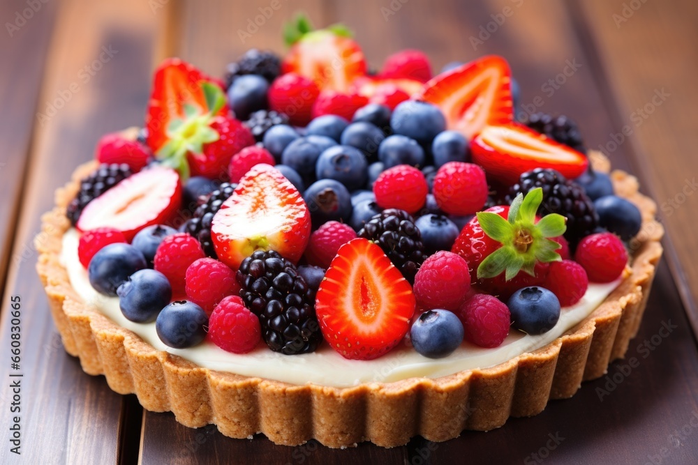 close-up shot of mixed fruit tart, with colorful berries on top close-up shot of mixed fruit tart, with colorful berries on top