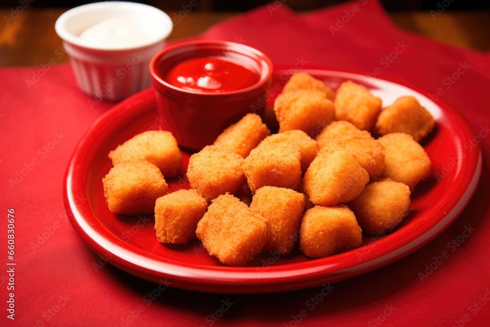 nuggets spread out on a vibrant red dish nuggets spread out on a vibrant red dish