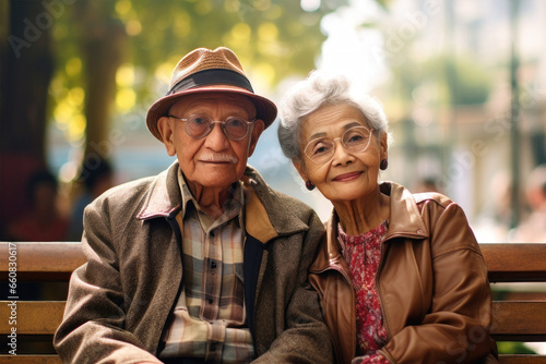 An elderly couple, a man and a woman, are sitting and hugging on a bench in the park. They enjoy communication. Date in the park. Older lovers. Relationships in old age. Love and romance.