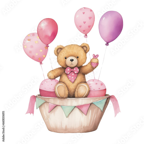 watercolor Cute pink teddy bear baby shower clipart