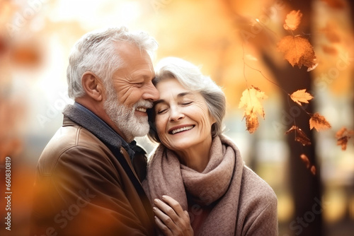 An elderly couple, a man and a woman, hugging in an autumn park. They look at each other with a loving gaze. Old people on a walk. Relationships in old age. Love and romance.