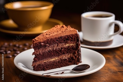 a slice of chocolate cake with a coffee cup