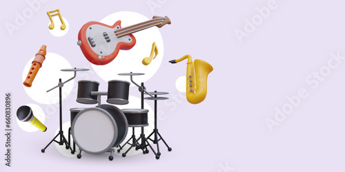 3D musical instruments. Guitar, drum stand and flute, microphone and saxophone, nota. Concept of music competition, performance, concert. Vector template in cartoon style