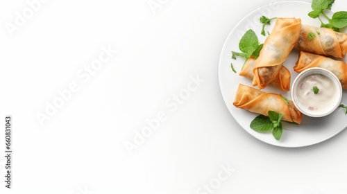 Top view of spring rolls, A plate of vegetable spring rolls, accompanied by a dipping sauce.on white background