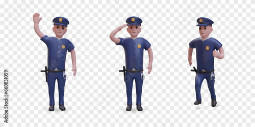 Collection of policeman group in different positions. Cop guard person holds hand near head and salutes, greets others and running. Justice and law concept. Vector illustration