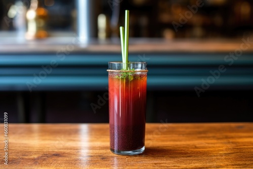 cold pressed juice in a tall glass with a metal straw