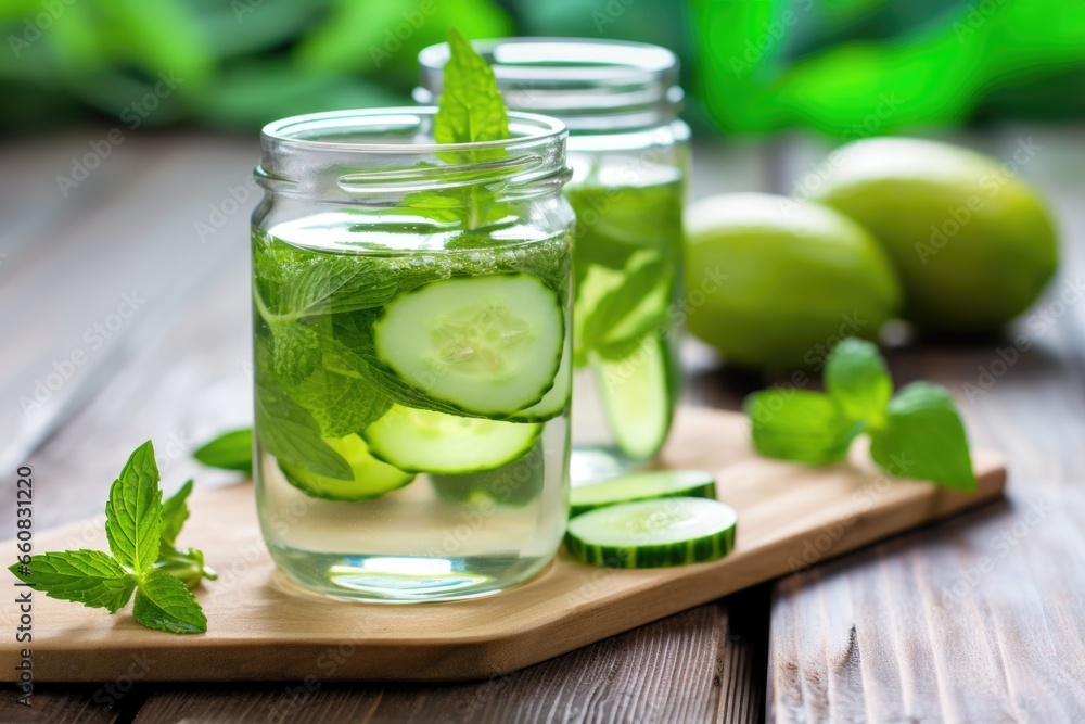 a bottled cucumber and mint infused water on wooden plank a bottled cucumber and mint infused water on wooden plank