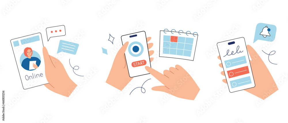 Using mobile apps hand drawn collection, applications doodle icons, vector illustrations smartphones in hands, user interface, online assistant, tracking app, notifications, isolated colored clipart - obrazy, fototapety, plakaty 