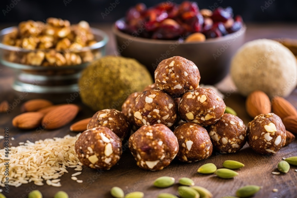 mixed nut balls surrounded by raw nuts mixed nut balls surrounded by raw nuts