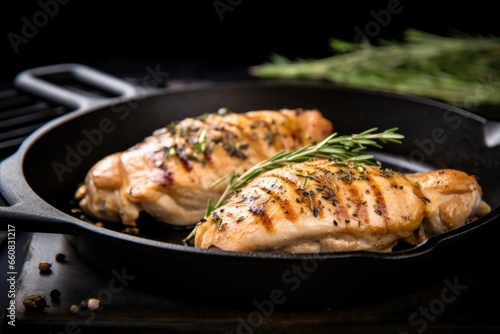 chicken grilled on a black skillet with thyme sprigs