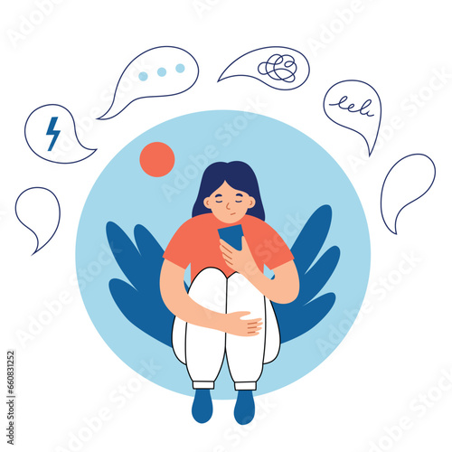 Depressed, sad woman, hand drawn composition of problems, girl sitting with mobile phone, psychological help, friends support, guarding from negative thoughts, vector illustration of mental shieldt