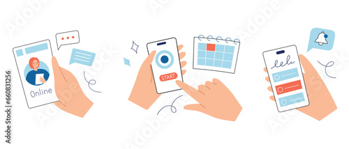 Using mobile apps hand drawn collection, applications doodle icons, vector illustrations smartphones in hands, user interface, online assistant, tracking app, notifications, isolated colored clipart