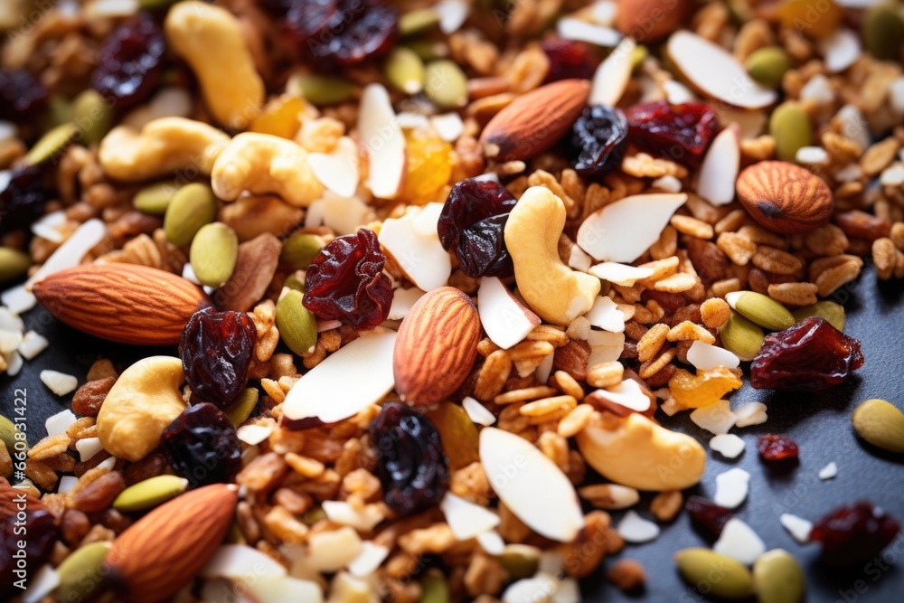 a close-up image of a trail mix with assorted grains a close-up image of a trail mix with assorted grains