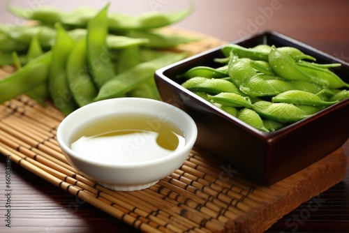 edamame range on wooden surface with dipping sauce