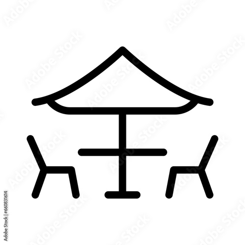 Cafe table with chairs and parasol icon. Street cafe icon. Outdoor dining restaurant