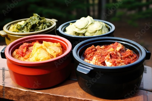 wide-angle shot of a variety of colorful kimchi in pots