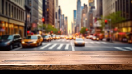 The empty wooden table top with blur background of NYC street. Exuberant image. generative AI