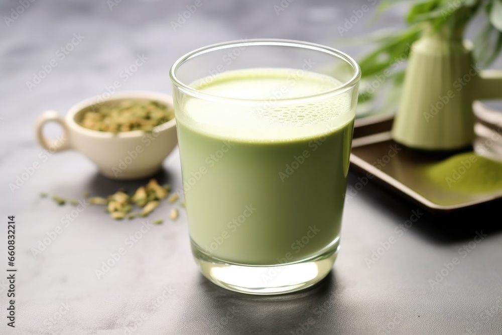green tea matcha latte served in a transparent glass green tea matcha latte served in a transparent glass