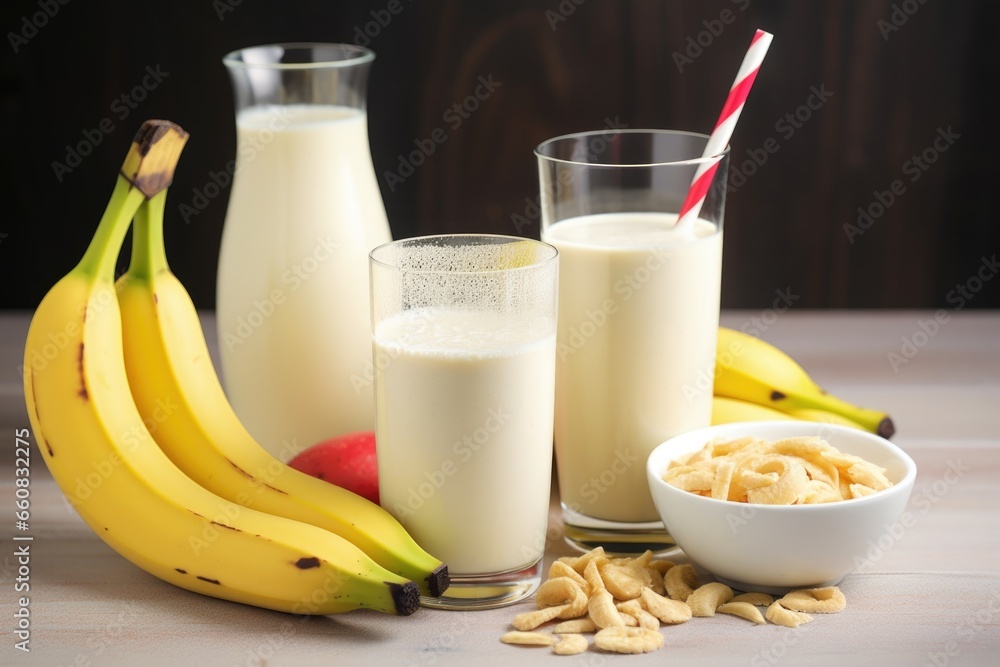 banana milkshake beside a bunch of bananas banana milkshake beside a bunch of bananas