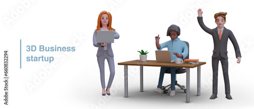 Woman and man working on laptop. Workers starting new business. Business startup concept. Concept of increasing productivity and efficiency in business. Vector illustration in 3d style