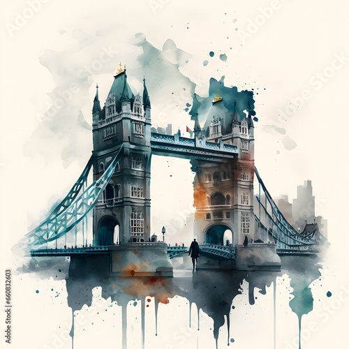 London Tower Bridge and watercolor gloomy day minimalism 