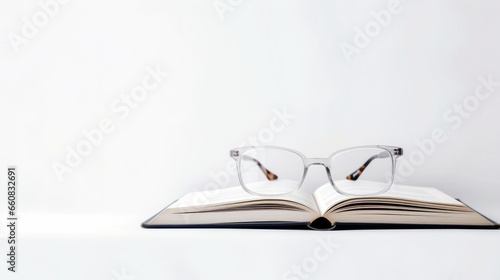 A cozy and relaxing image of an open book with a pair of glasses on it. The book is open to the middle and the pages are slightly curved. The glasses are transparent with a silver frame. The image is