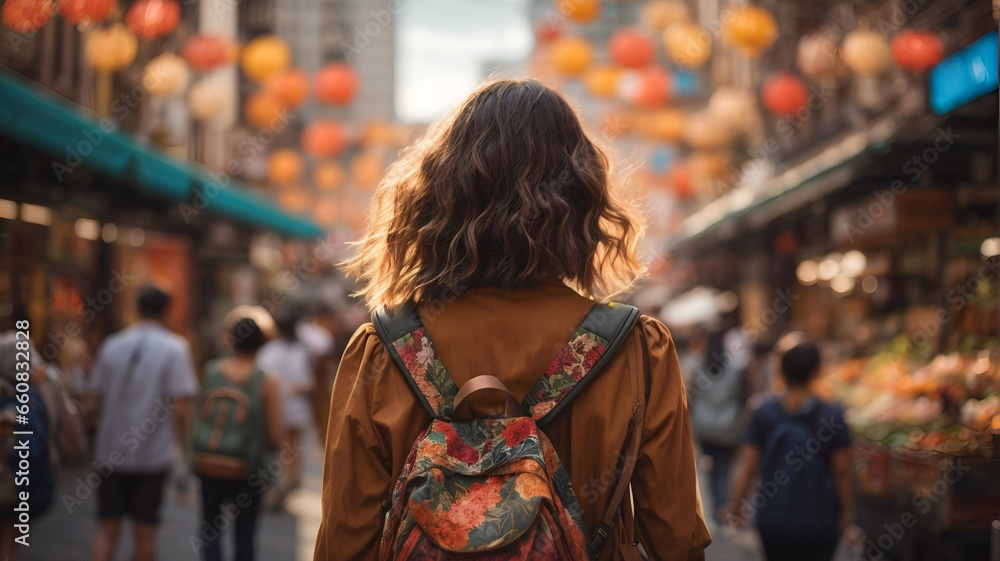 Woman portrait from behind walking in the streets wearing a colorful backpack
