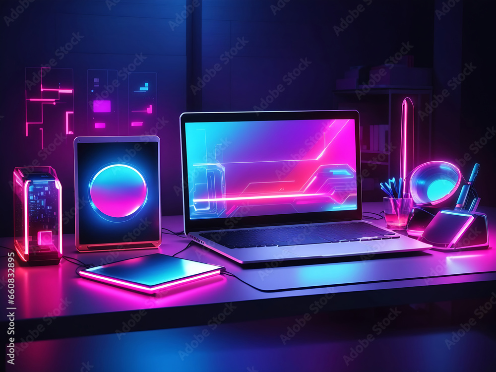 Modern neon technology concept with many expensive electronic gadgets on the desk tablet and laptop Modern neon technology concept with many expensive electronic gadgets on the desk tablet and laptop