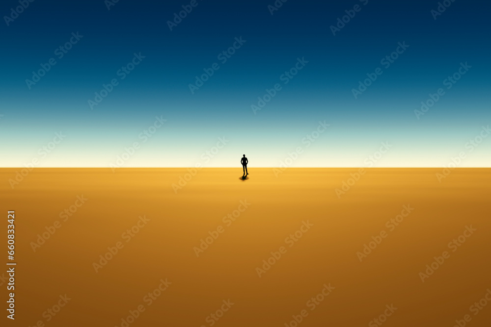 A man in an office suit stands in the center of a large desert.