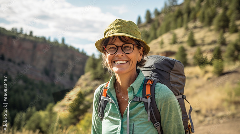 A dynamic middle-aged woman is enjoying the hike - Generative AI