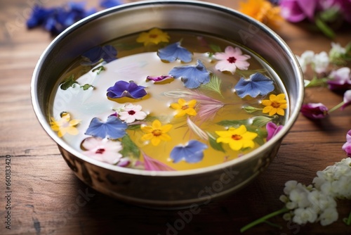 miso soup with edible flowers as a garnish