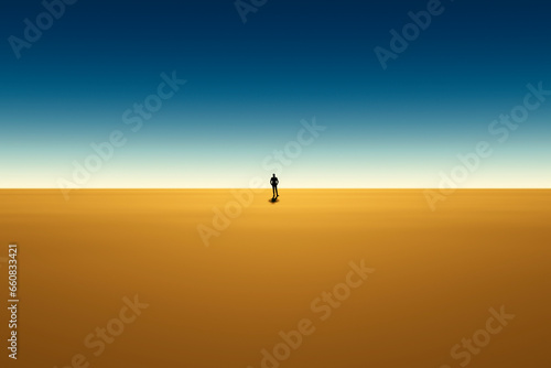 A man in an office suit stands in the center of a large desert.