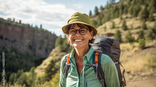 A dynamic middle-aged woman is enjoying the hike - Generative AI