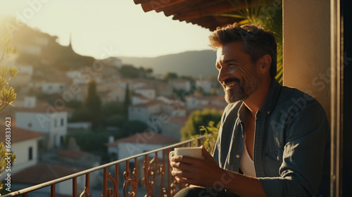A Hispanic man in his 40s with a goatee sitting on a balcony in Spain, morning time, beautiful sunrise, copy space - Generative AI photo