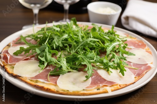 a white pizza with arugula and thin slices of ham
