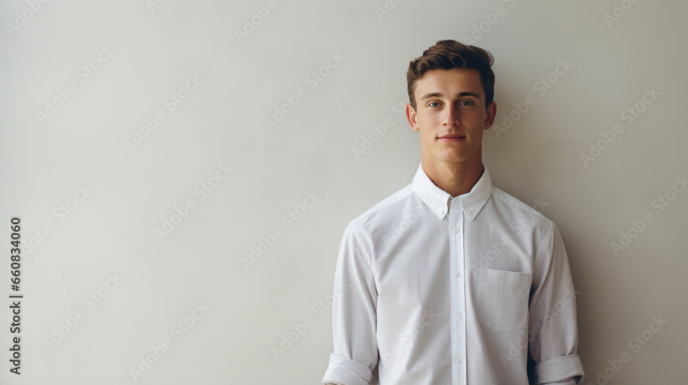 a white wall with a man in shirt standing, left copy space - Generative AI a white wall with a man in shirt standing, left copy space - Generative AI