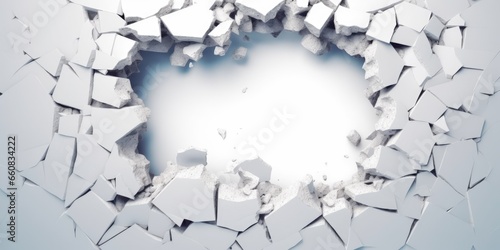 Breaking out of a hole in solid White wall  torn hole  empty copy space frame  mockup. Generative AI image weber.