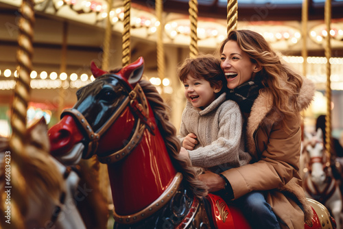 mom and child happy on carousel in mall - Generative AI